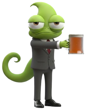 Azooka’s chameleon mascot in a suit raising a toast